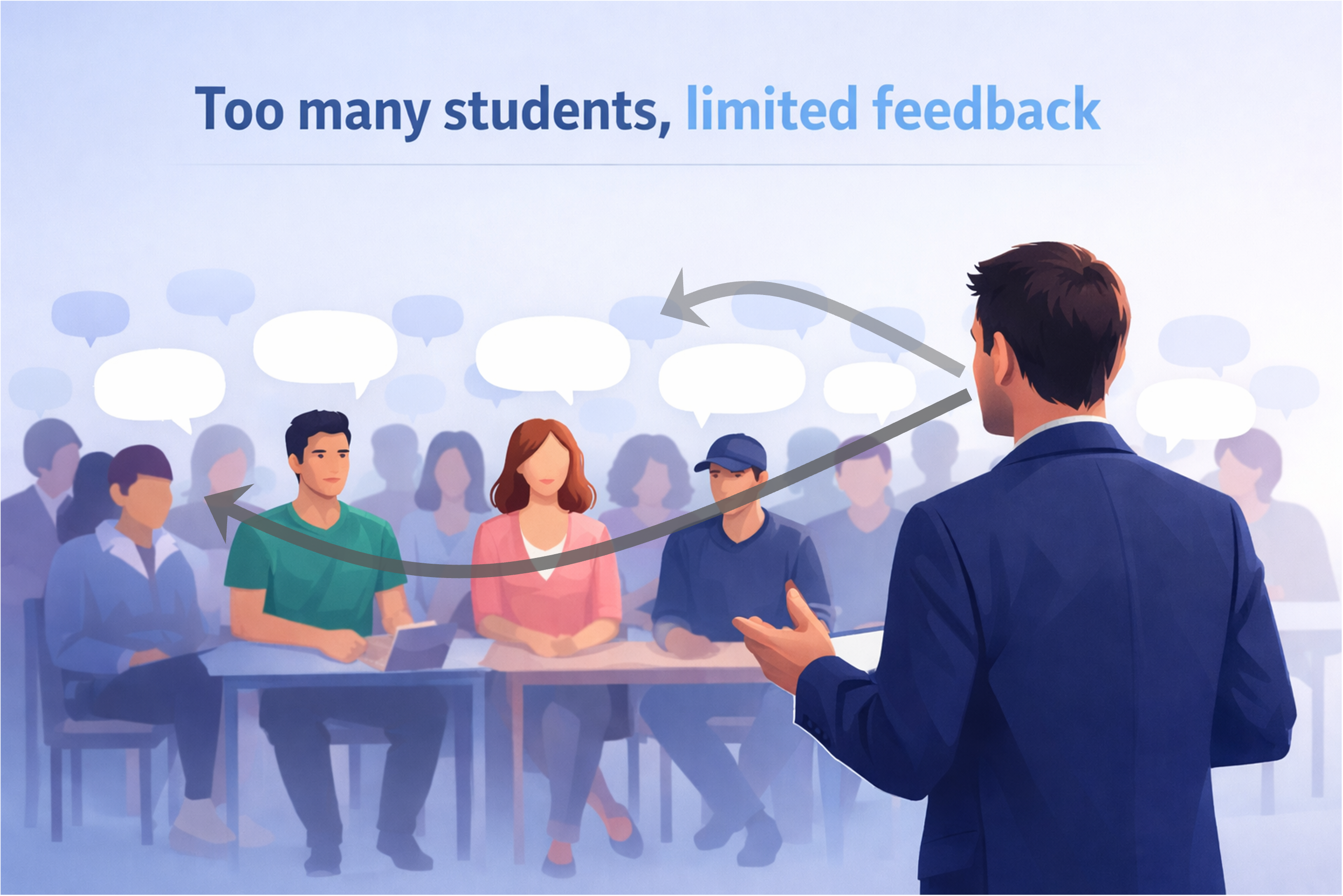 Instructor facing a large class with the headline: Too many students, limited feedback